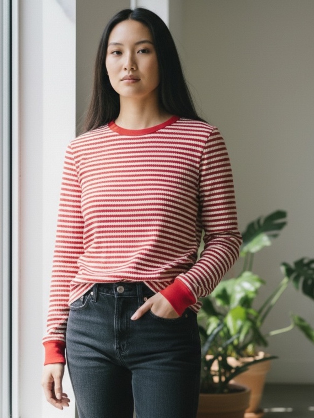 American Eagle Outfitters Red & White Striped Long-Sleeve Crewneck Termal Waffle